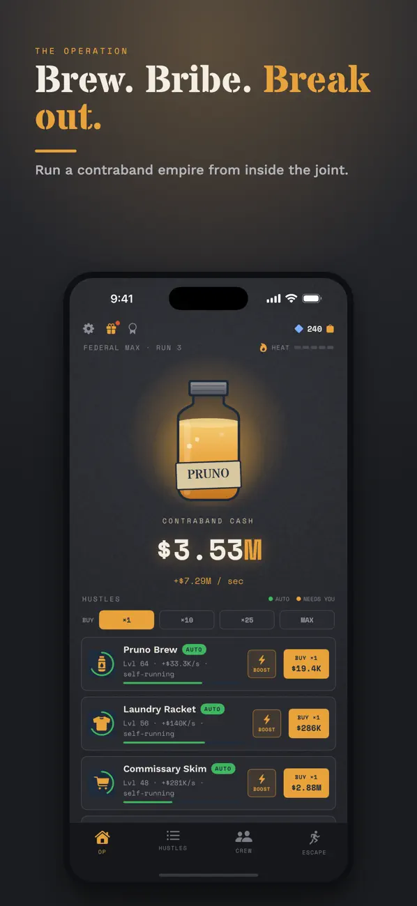 Idle crime game Pruno showing a contraband operation earning idle income