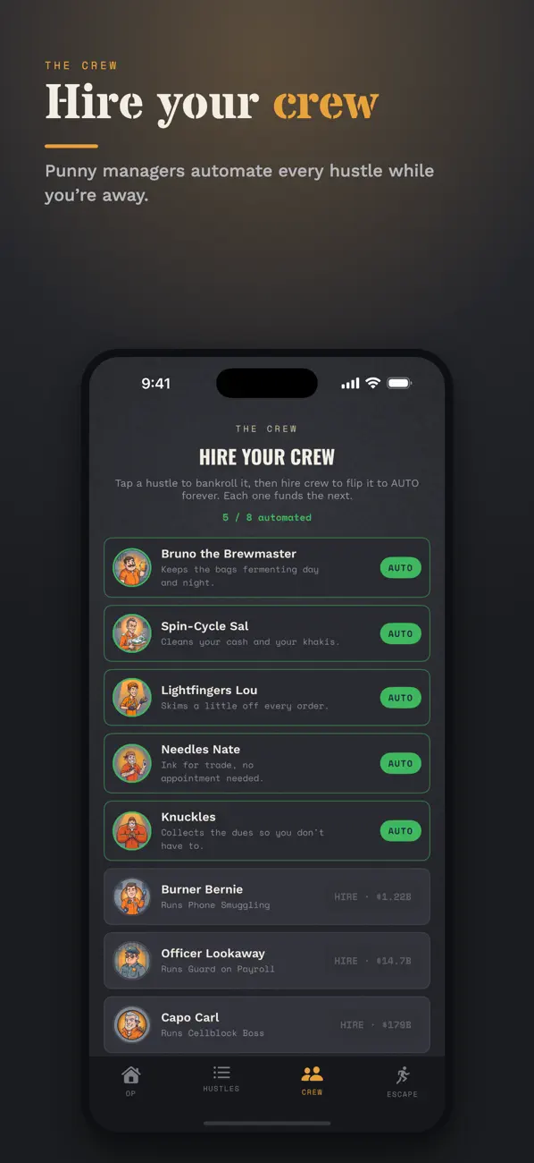 Idle tycoon crew automation in Pruno, a game like AdVenture Capitalist