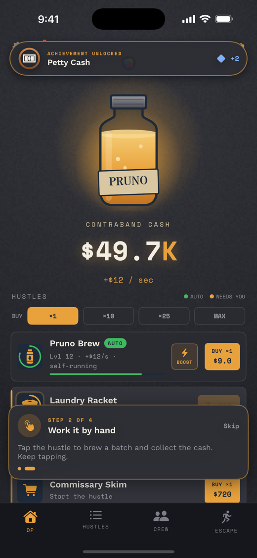 Pruno gameplay: the glowing pruno jar above a contraband-cash counter, with a list of hustles to upgrade.